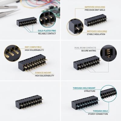 Double Row 2.54MM Right Angle Female Header Connector 04P-80P Gold Flash PA6T PCB Melalui Lubang