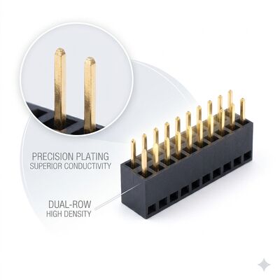 Double Row 2.54MM Right Angle Female Header Connector 04P-80P Gold Flash PA6T PCB Melalui Lubang