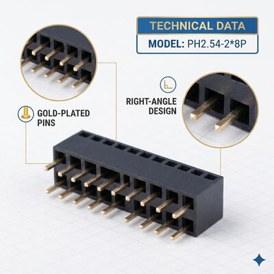 Double Row 2.54MM Right Angle Female Header Connector 04P-80P Gold Flash PA6T PCB Melalui Lubang