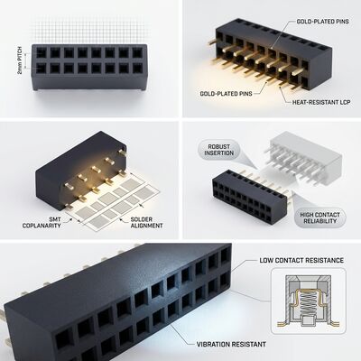 Header Kotak Terbungkus Gaya 2.54MM Dual Row Female Connector Emas Flash PA6T Polarized Keyed PCB Melalui Lubang